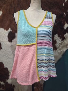 Sugarfox Pastel Striped Knit Tank with Yellow Trim